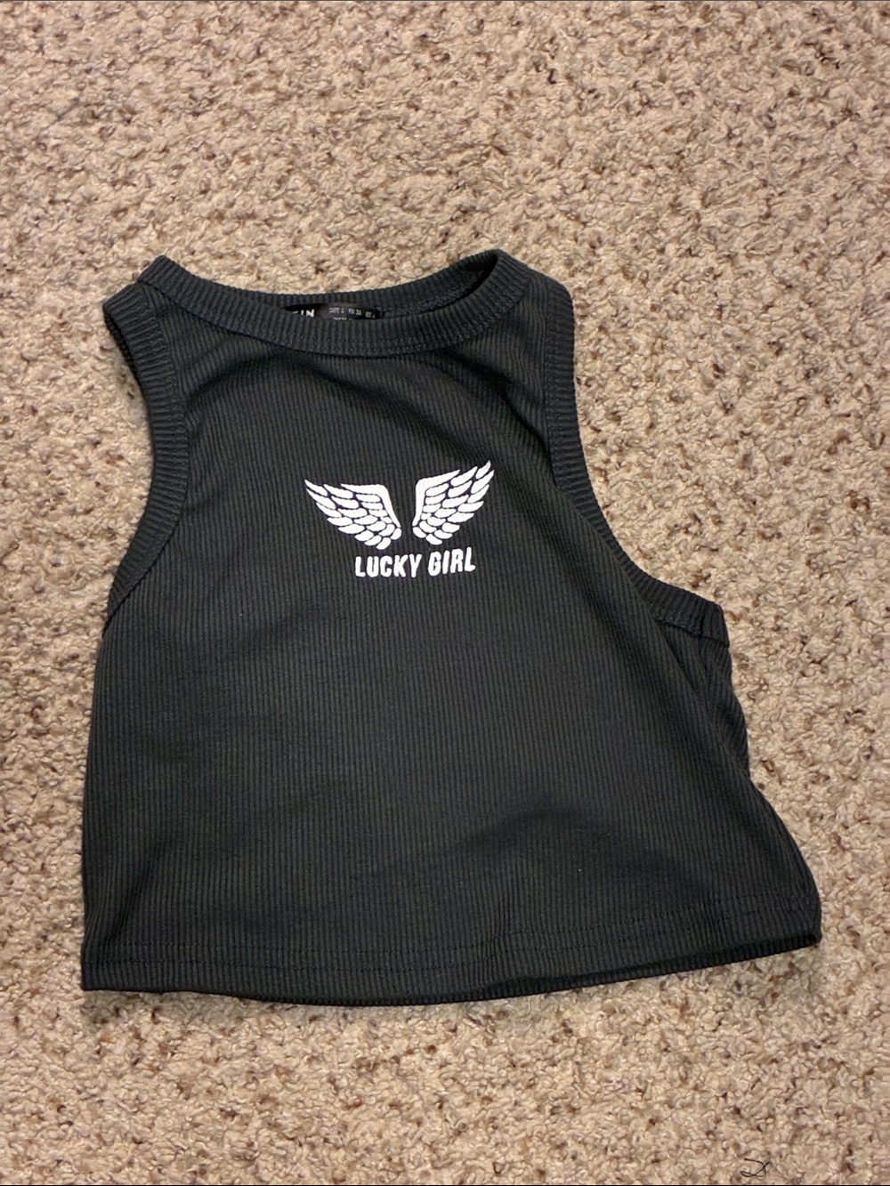 SHEIN Black Ribbed Crop Tank with 'Lucky Girl' Wing Graphic
